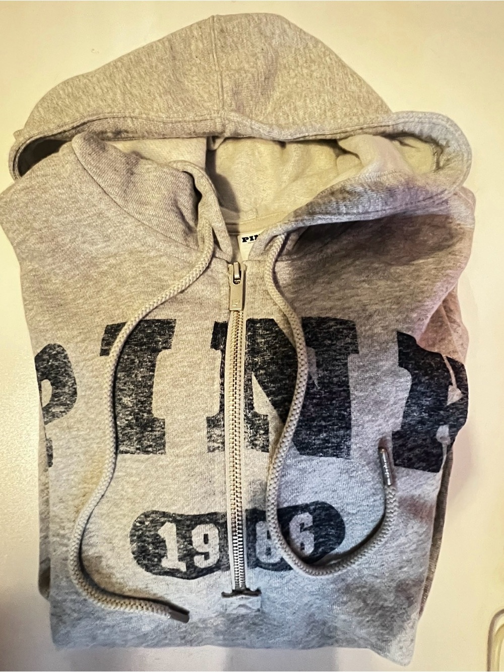 PINK Victoria's Secret Grey Zip Hoodie with Black Graphic